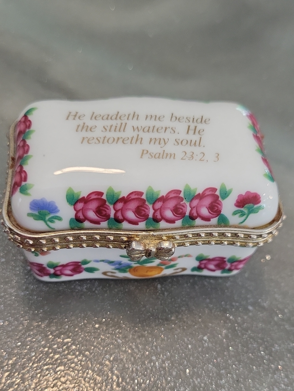 Imperial Porcelain White Trinket Box with Pink Rose Garland and Gold Script